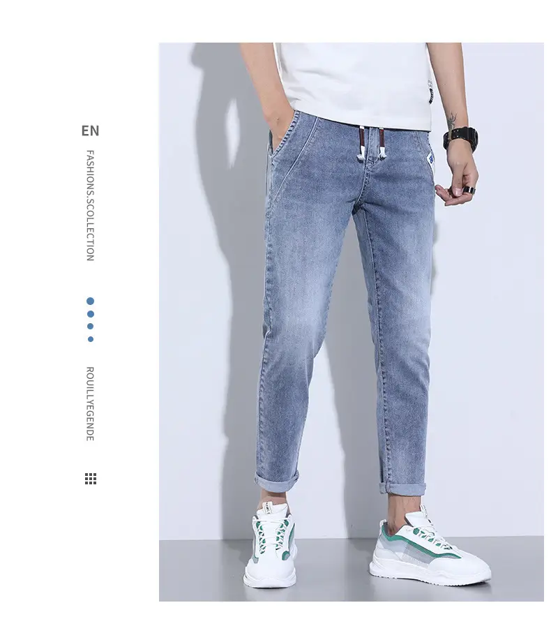Men Denim Cropped Jeans Blue Stretch Casual Pants — feature 3