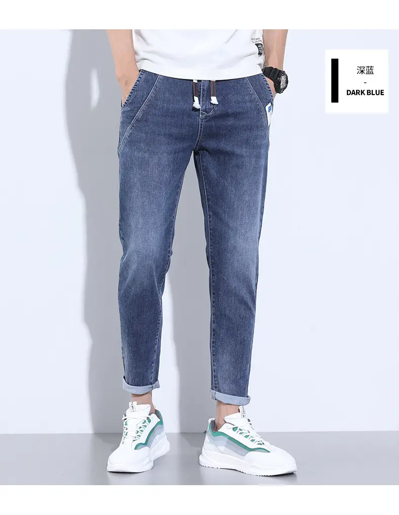 Men Denim Cropped Jeans Blue Stretch Casual Pants — feature 5