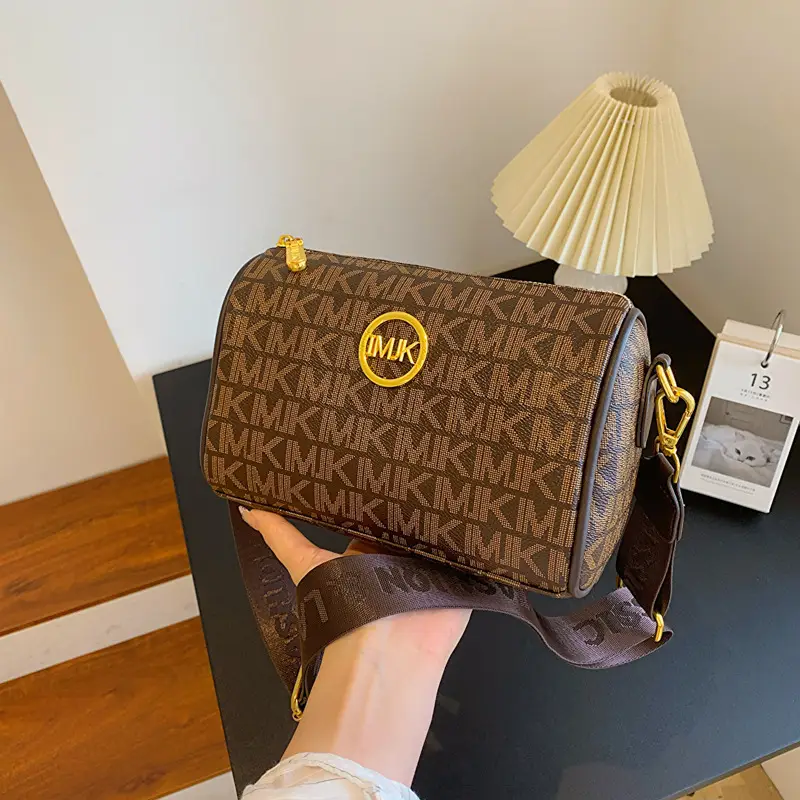 MK Printed Brown Shoulder Bag with Wide Strap - Image 3