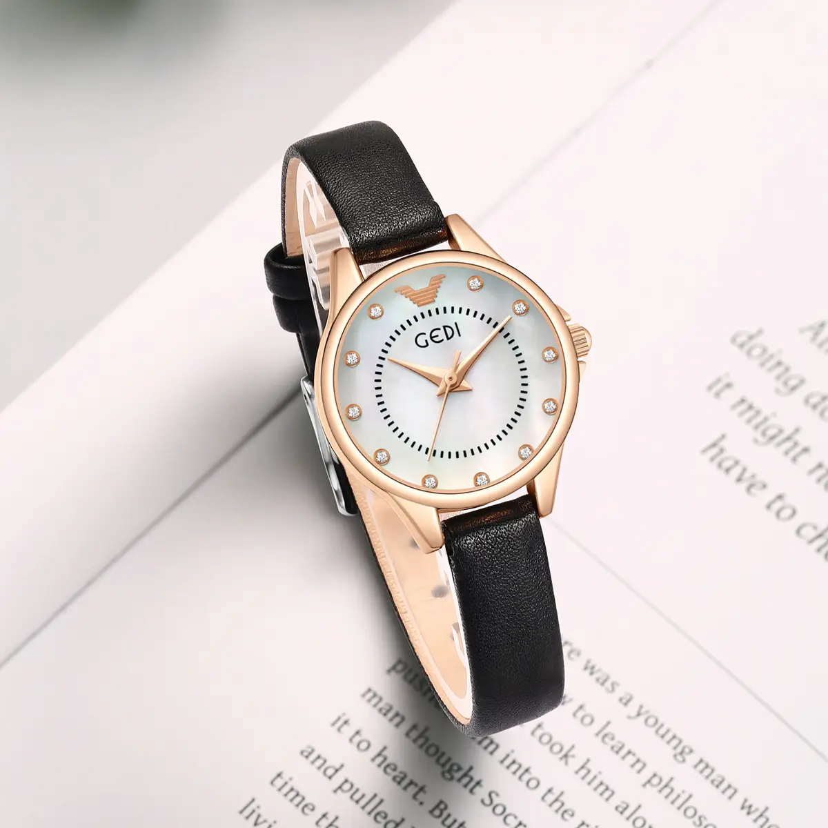 Gadi Women's Rhinestone Watch Rose Gold Black Strap - Image 7