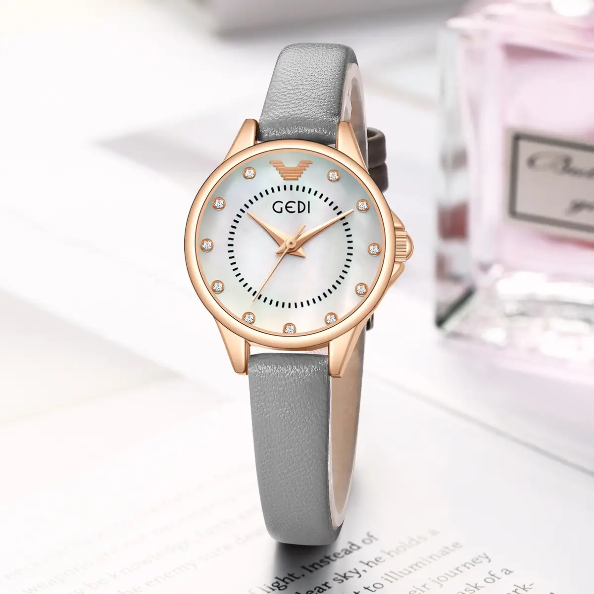 Gadi Women's Rhinestone Watch Rose Gold Black Strap - Image 9