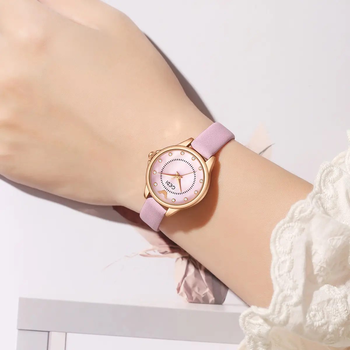 Gadi Women's Rhinestone Watch Rose Gold Black Strap - Image 10