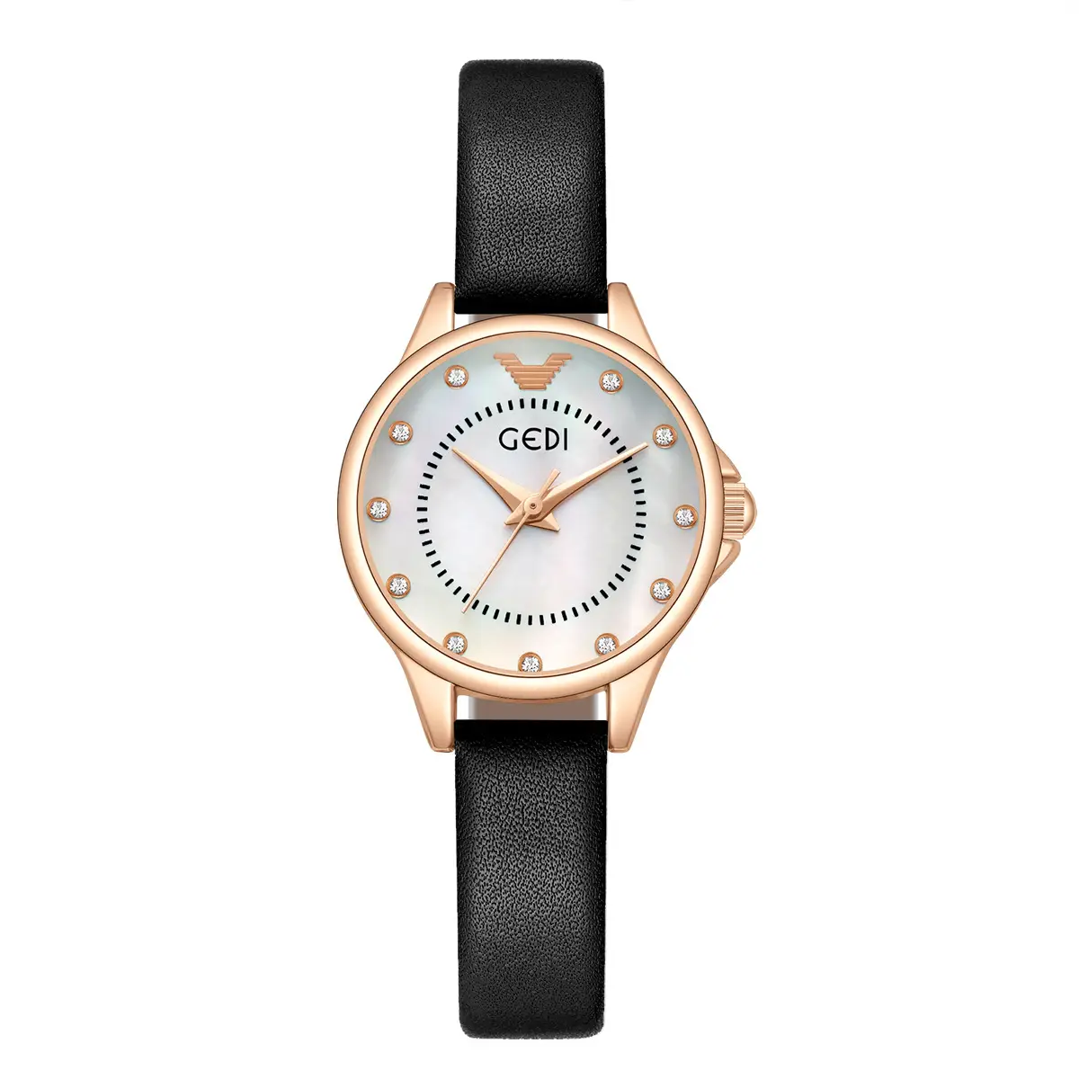 Gadi Women's Rhinestone Watch Rose Gold Black Strap - Image 4