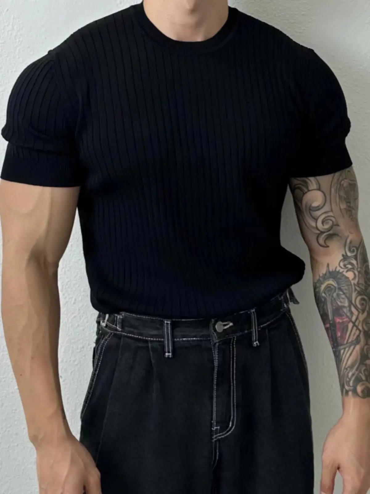 Men Black Knit T-Shirt Short Sleeve Summer Wear - Image 10