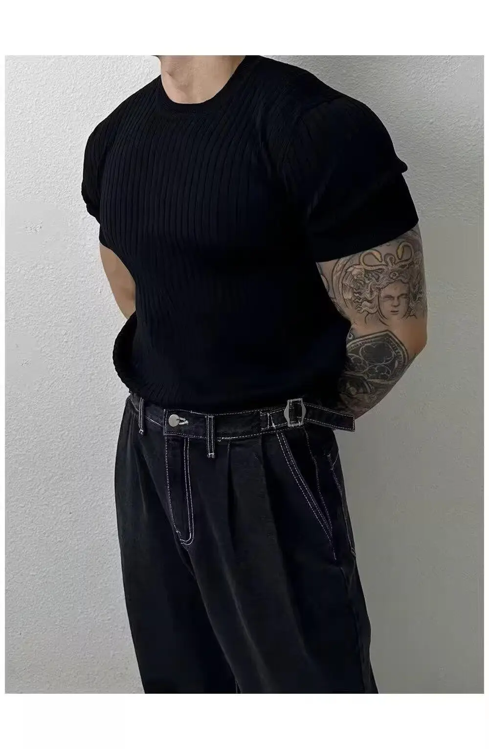 Men Black Knit T-Shirt Short Sleeve Summer Wear — feature 13