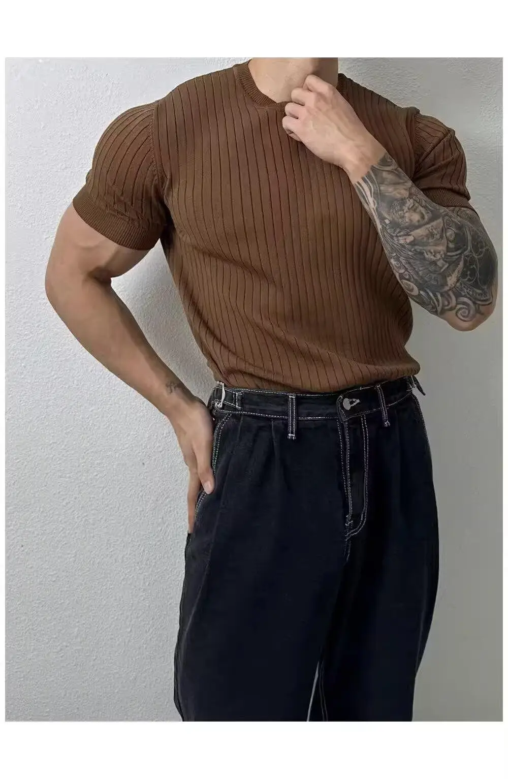 Men Black Knit T-Shirt Short Sleeve Summer Wear — feature 15