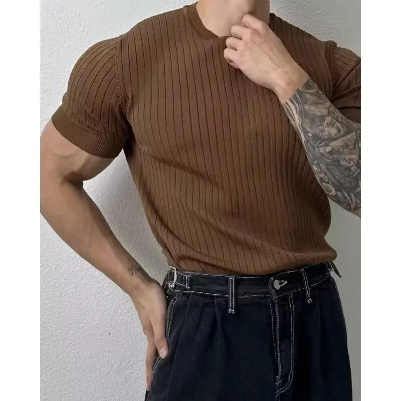 Men Black Knit T-Shirt Short Sleeve Summer Wear - Image 4