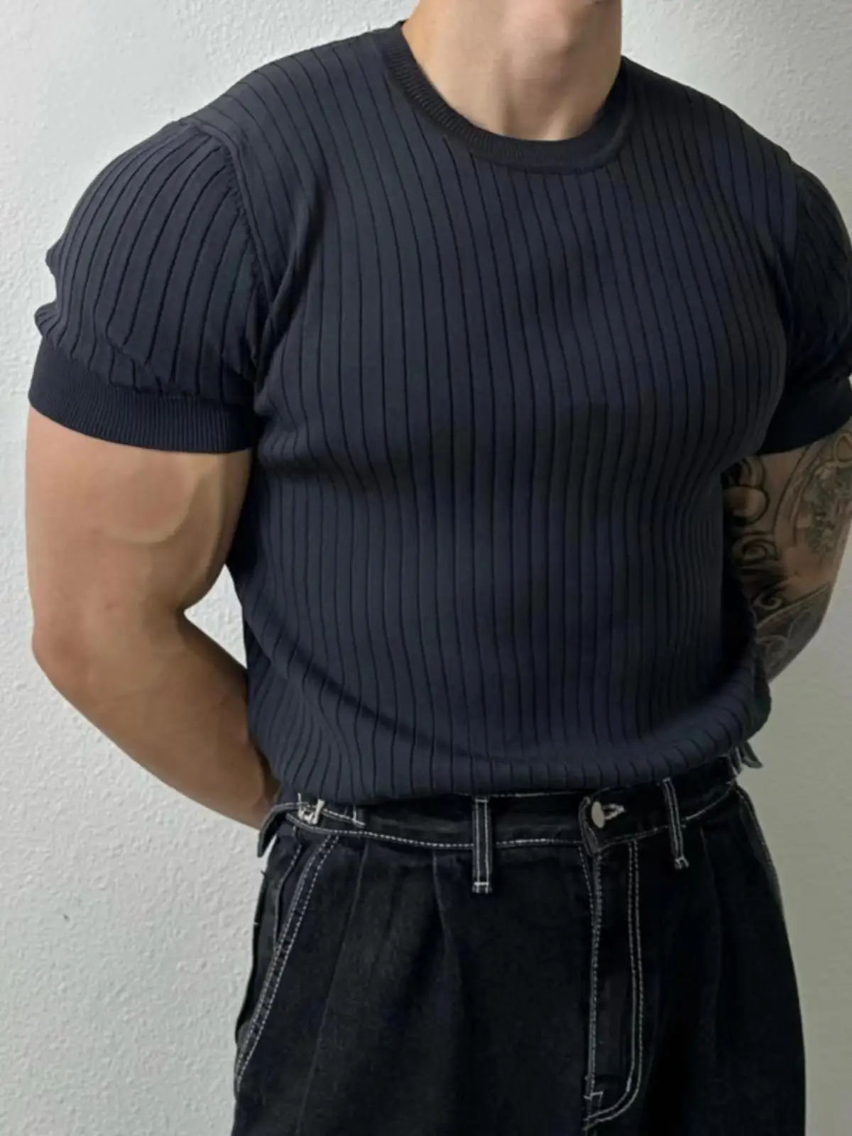 Men Black Knit T-Shirt Short Sleeve Summer Wear - Image 5