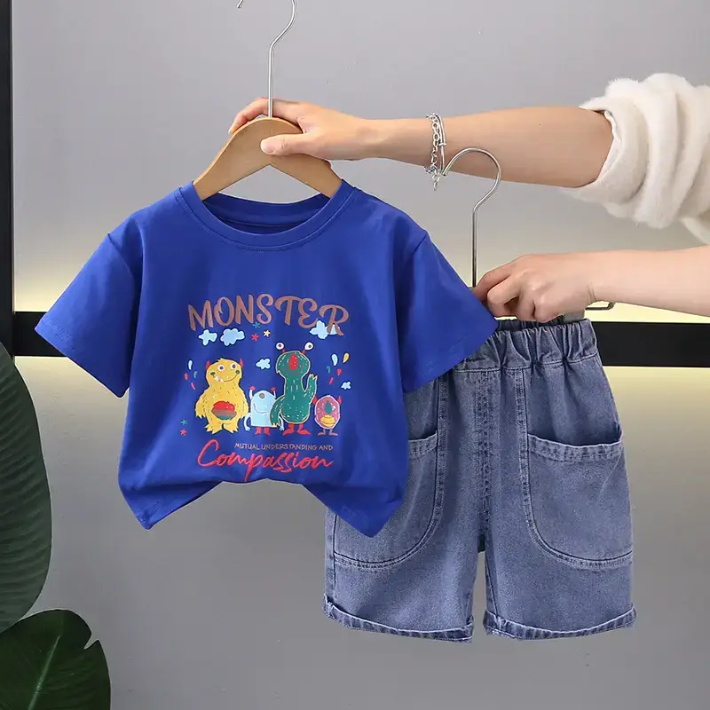 Blue Monstoro Cartoon T-Shirt & Denim Shorts Set for Boys - Image 2