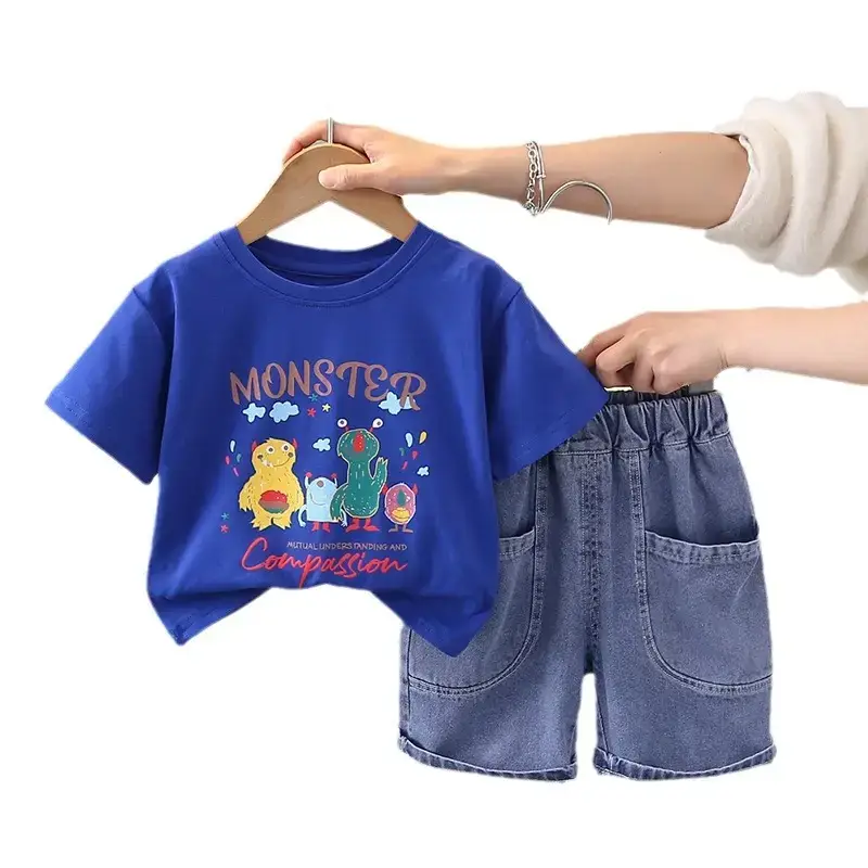Blue Monstoro Cartoon T-Shirt & Denim Shorts Set for Boys - Image 5