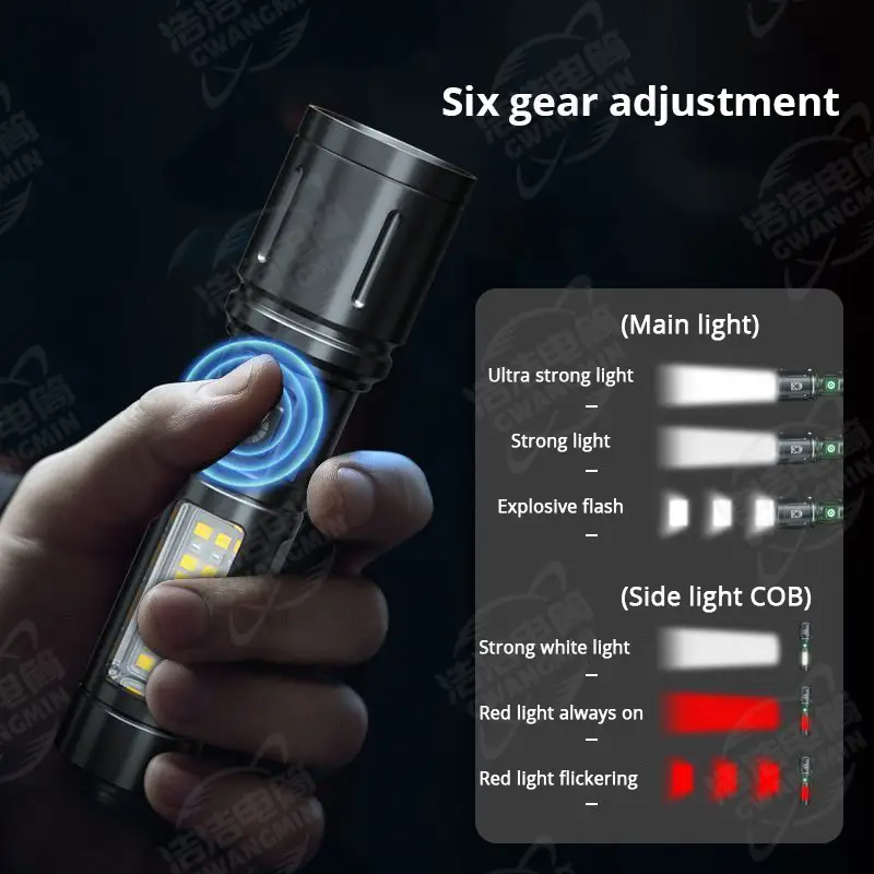Portable COB White Flashlight with Red Side Light 100,000 Lumens — feature 3