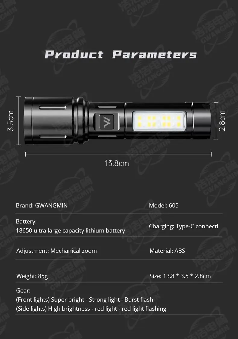 Portable COB White Flashlight with Red Side Light 100,000 Lumens — feature 8