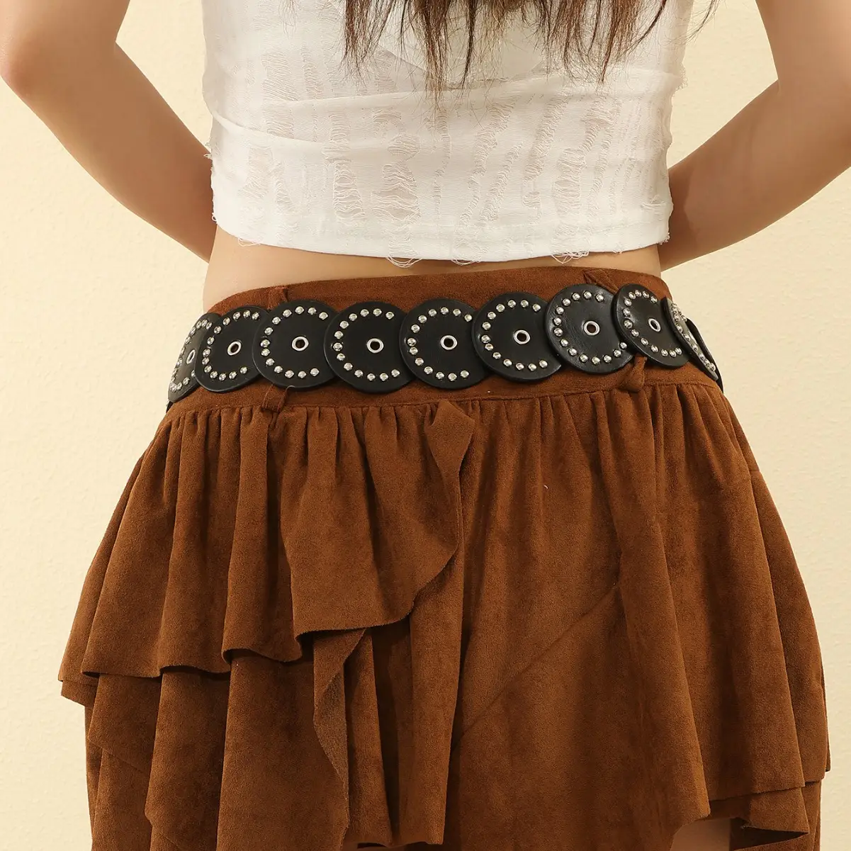 Women's Beaded Hollow Ring Waist Belt Black PU Leather