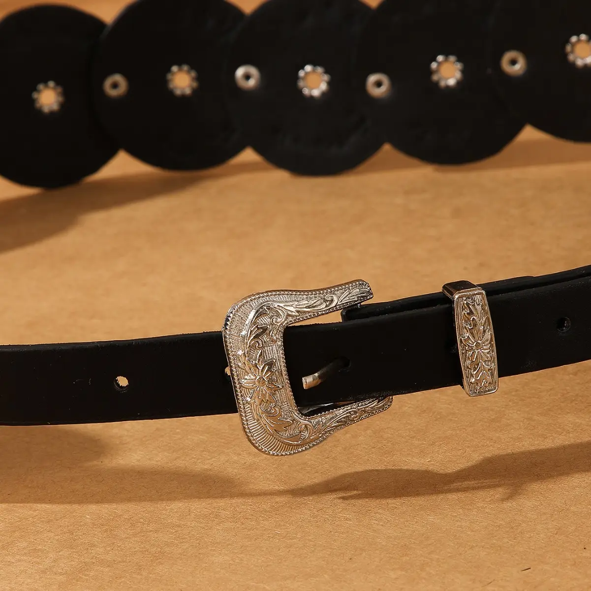 Women's Beaded Hollow Ring Waist Belt Black PU Leather