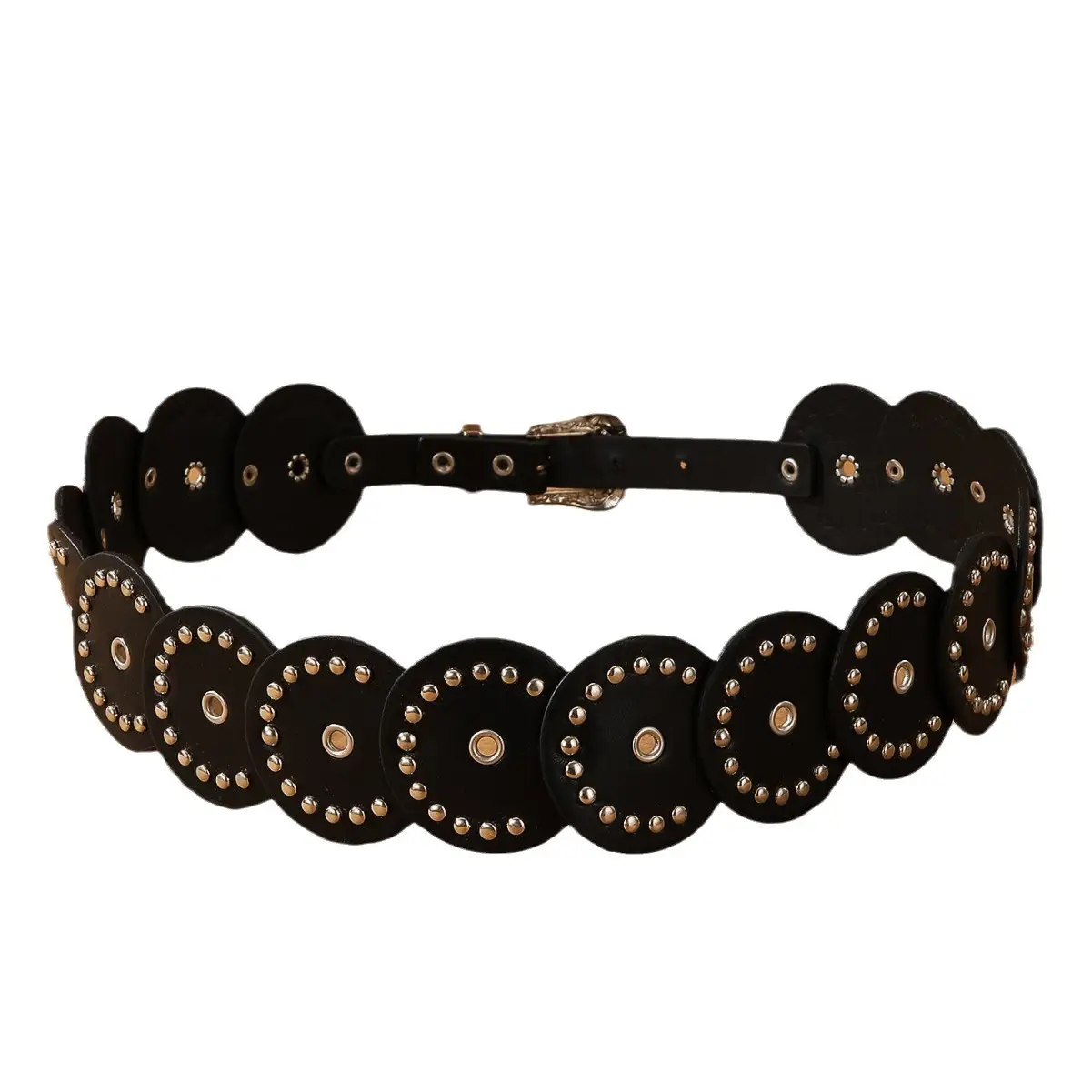 Women's Beaded Hollow Ring Waist Belt Black PU Leather