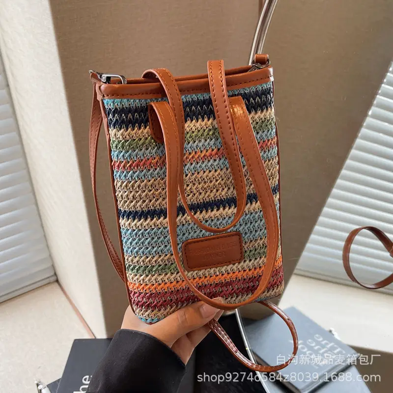 Women Woven Phone Bag Contrasting Color Shoulder Crossbody - Image 4