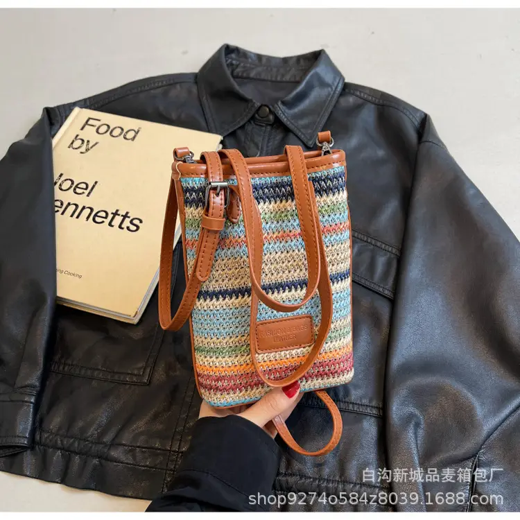 Women Woven Phone Bag Contrasting Color Shoulder Crossbody — feature 13