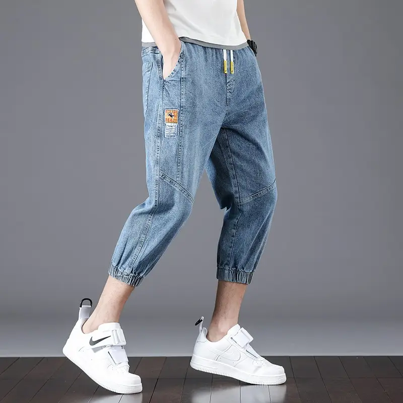 Men Denim Cropped Pants Black 2024 New Arrival