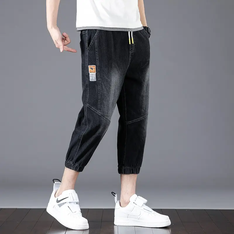 Men Denim Cropped Pants Black 2024 New Arrival