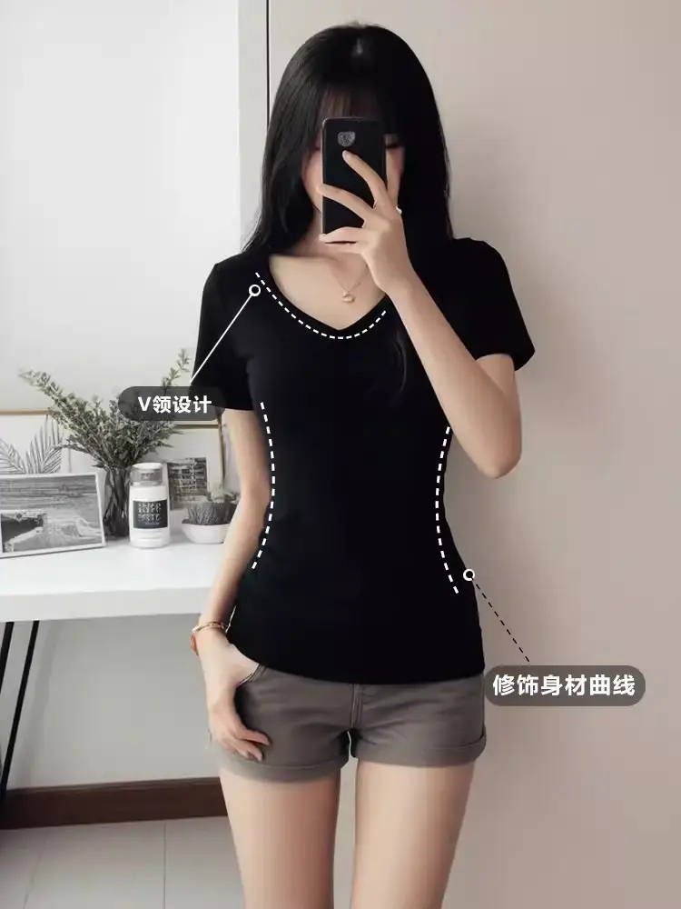 Black Shoulder T-Shirt Women's Short-Sleeved V-Neck Slim-Fit Slimming Tight Waist Design Base Shirt American Hot Girl Top - Image 30