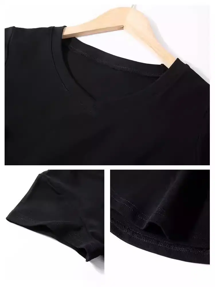 Black Shoulder T-Shirt Women's Short-Sleeved V-Neck Slim-Fit Slimming Tight Waist Design Base Shirt American Hot Girl Top - Image 31
