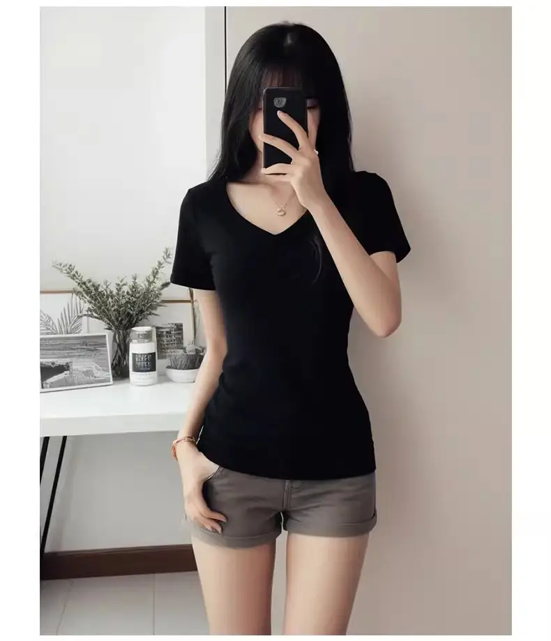Black Shoulder T-Shirt Women's Short-Sleeved V-Neck Slim-Fit Slimming Tight Waist Design Base Shirt American Hot Girl Top — feature 10