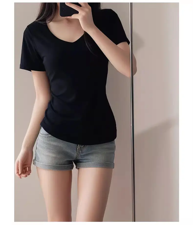 Black Shoulder T-Shirt Women's Short-Sleeved V-Neck Slim-Fit Slimming Tight Waist Design Base Shirt American Hot Girl Top — feature 11