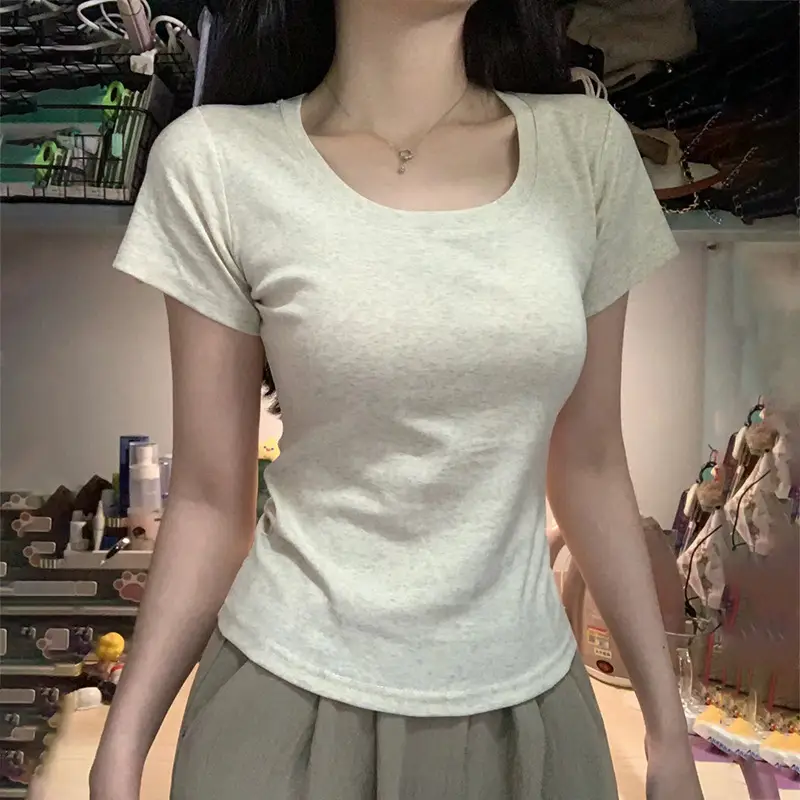 Black Shoulder T-Shirt Women's Short-Sleeved V-Neck Slim-Fit Slimming Tight Waist Design Base Shirt American Hot Girl Top - Image 10
