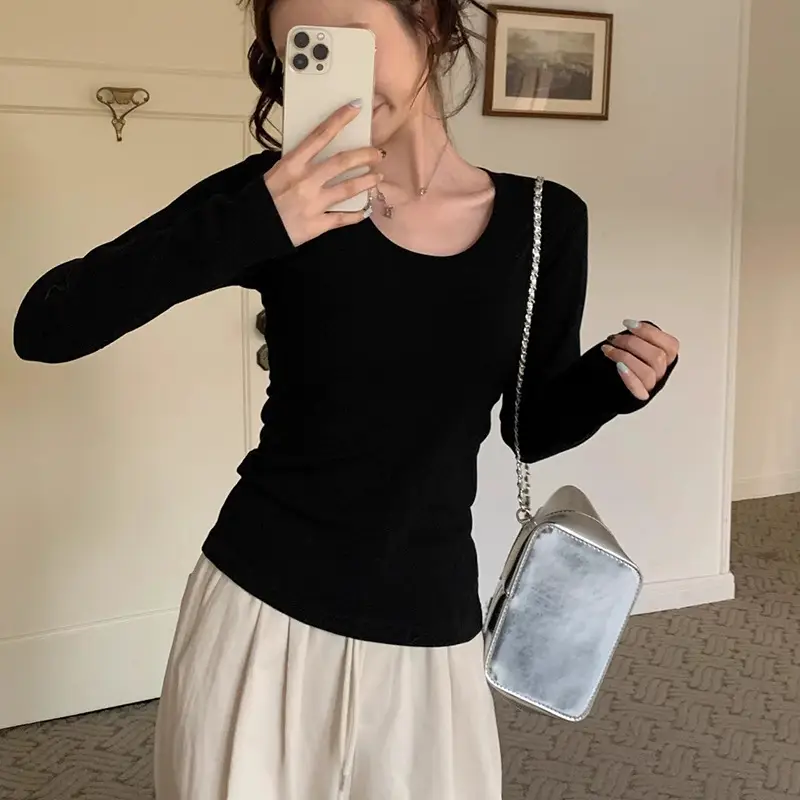Black Shoulder T-Shirt Women's Short-Sleeved V-Neck Slim-Fit Slimming Tight Waist Design Base Shirt American Hot Girl Top - Image 17