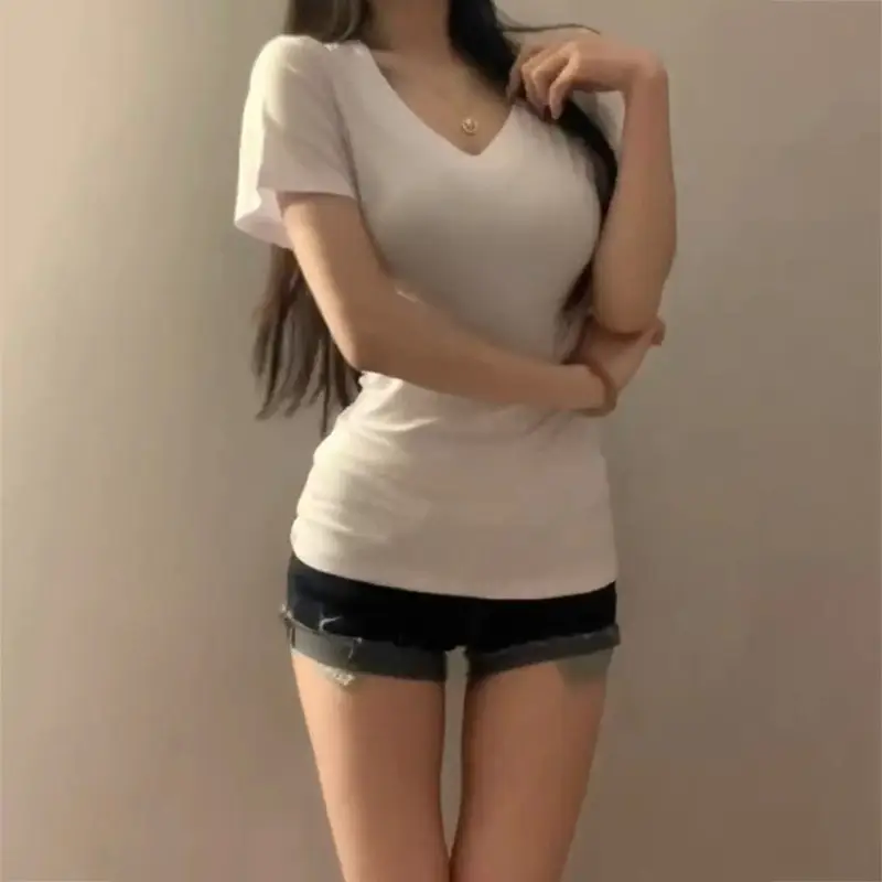 Black Shoulder T-Shirt Women's Short-Sleeved V-Neck Slim-Fit Slimming Tight Waist Design Base Shirt American Hot Girl Top - Image 2