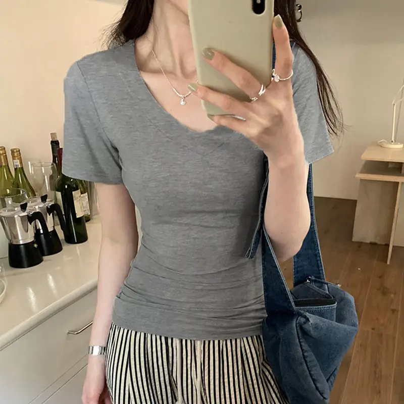 Black Shoulder T-Shirt Women's Short-Sleeved V-Neck Slim-Fit Slimming Tight Waist Design Base Shirt American Hot Girl Top - Image 3