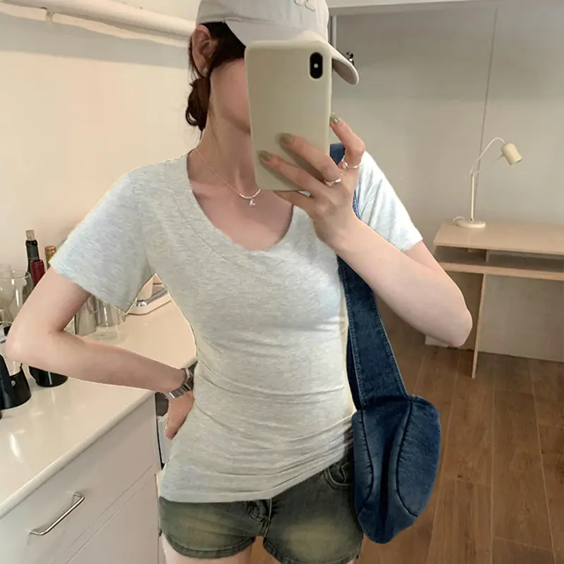 Black Shoulder T-Shirt Women's Short-Sleeved V-Neck Slim-Fit Slimming Tight Waist Design Base Shirt American Hot Girl Top - Image 4