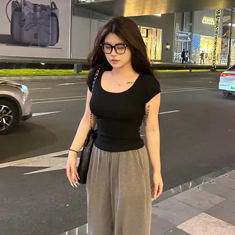Black Shoulder T-Shirt Women's Short-Sleeved V-Neck Slim-Fit Slimming Tight Waist Design Base Shirt American Hot Girl Top - Image 7