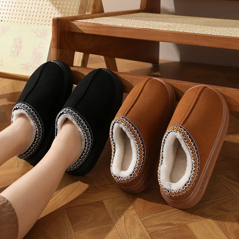 Cross-border new autumn and winter lace ethnic fashion cotton slippers for men and women couples indoor and outdoor warm cotton slippers