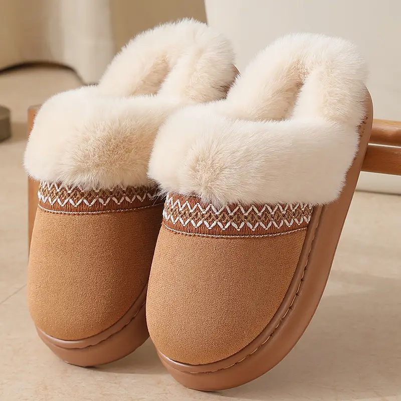 Cross-border new autumn and winter lace ethnic fashion cotton slippers for men and women couples indoor and outdoor warm cotton slippers