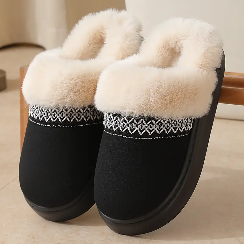 Cross-border new autumn and winter lace ethnic fashion cotton slippers for men and women couples indoor and outdoor warm cotton slippers