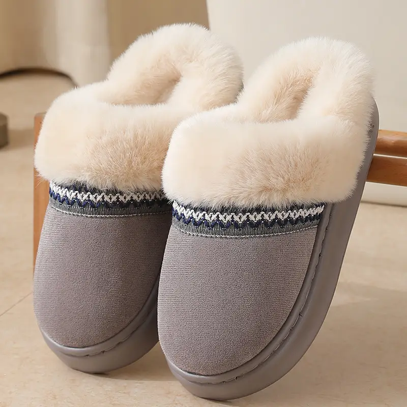 Cross-border new autumn and winter lace ethnic fashion cotton slippers for men and women couples indoor and outdoor warm cotton slippers