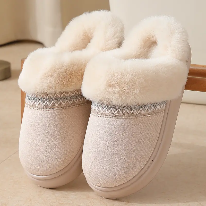 Cross-border new autumn and winter lace ethnic fashion cotton slippers for men and women couples indoor and outdoor warm cotton slippers