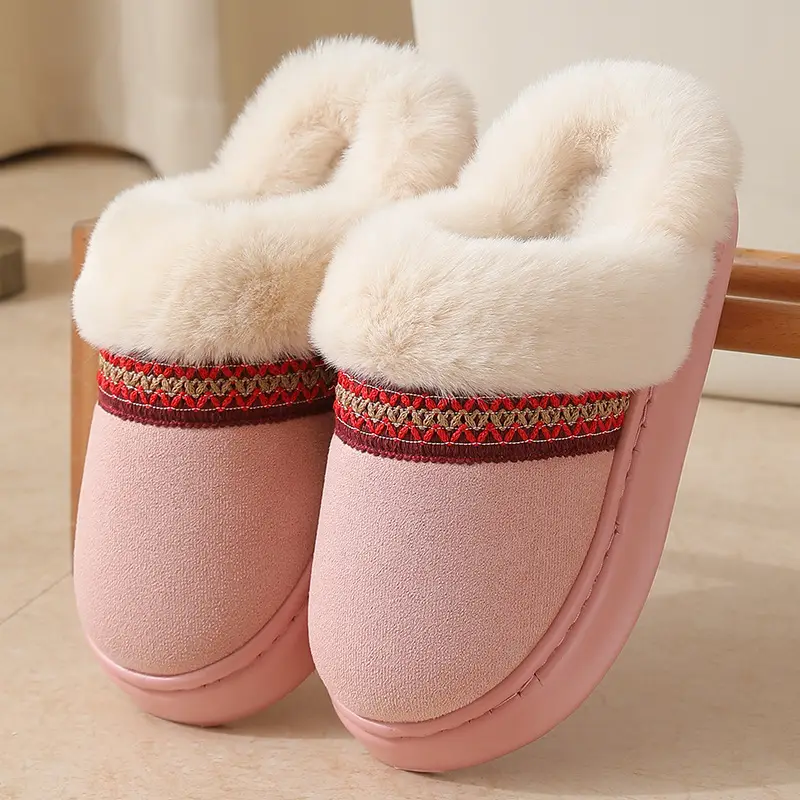 Cross-border new autumn and winter lace ethnic fashion cotton slippers for men and women couples indoor and outdoor warm cotton slippers