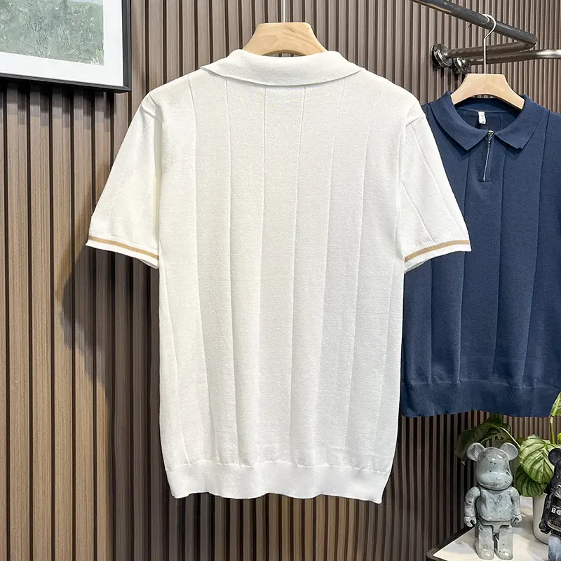 Men's White Kitted Polo Shirt with Zipper Front & Navy Pants - Image 3
