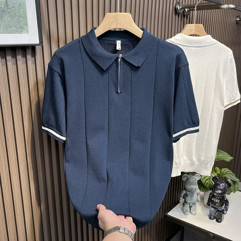 Men's White Kitted Polo Shirt with Zipper Front & Navy Pants - Image 4