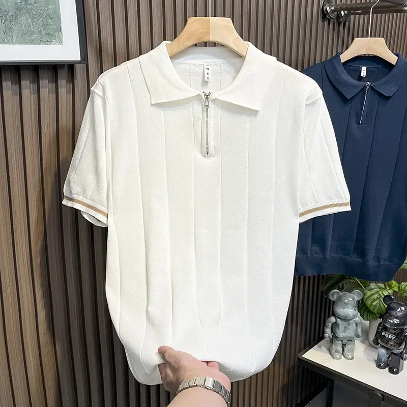 Men's White Kitted Polo Shirt with Zipper Front & Navy Pants - Image 5