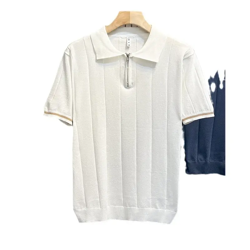 Men's White Kitted Polo Shirt with Zipper Front & Navy Pants - Image 6