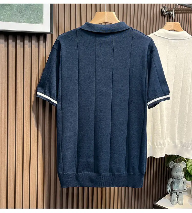 Men's White Kitted Polo Shirt with Zipper Front & Navy Pants — feature 10