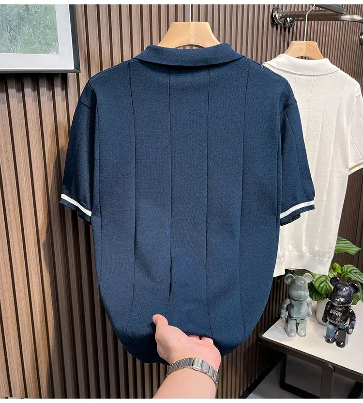 Men's White Kitted Polo Shirt with Zipper Front & Navy Pants — feature 11