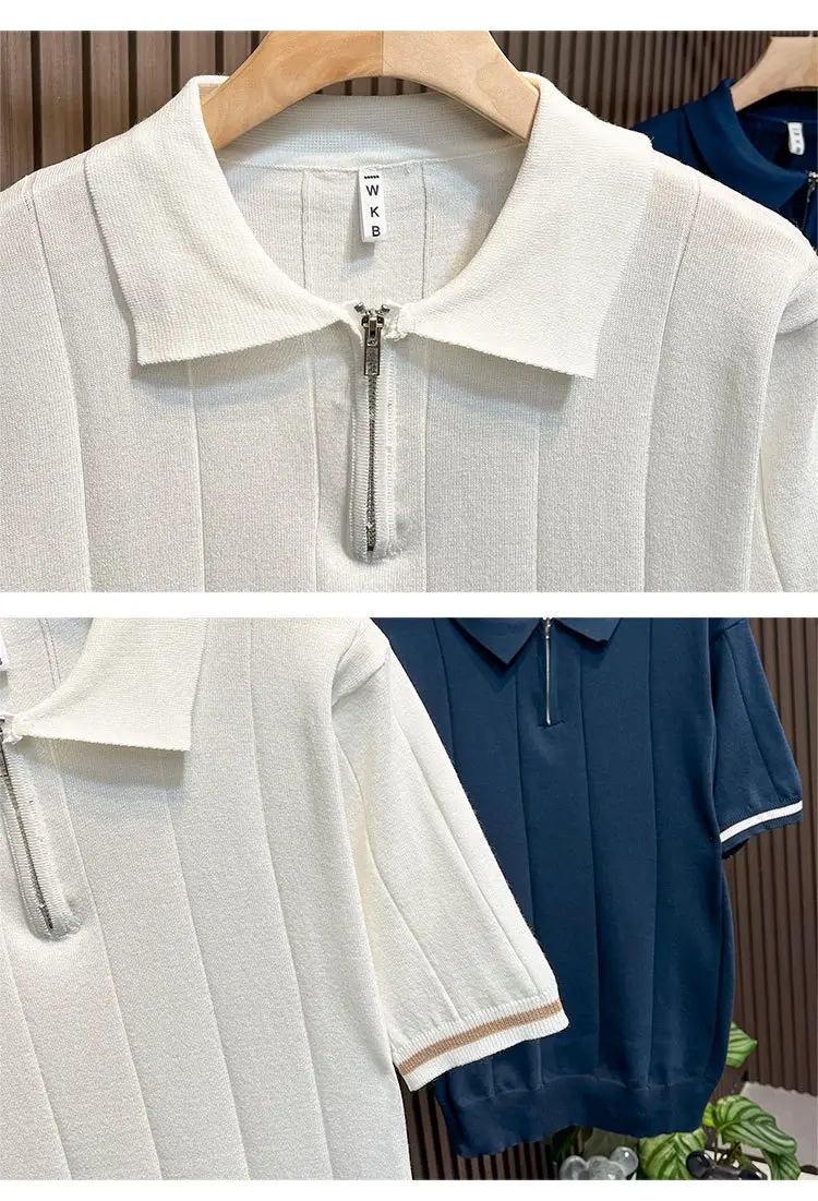 Men's White Kitted Polo Shirt with Zipper Front & Navy Pants — feature 12