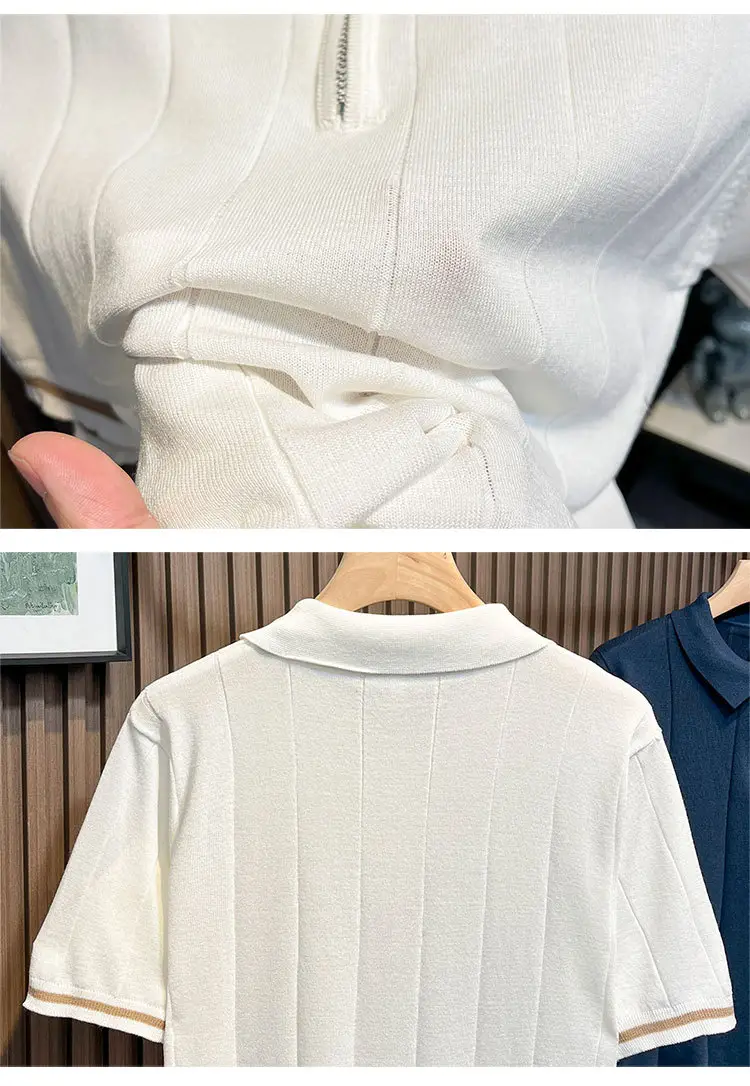 Men's White Kitted Polo Shirt with Zipper Front & Navy Pants — feature 13