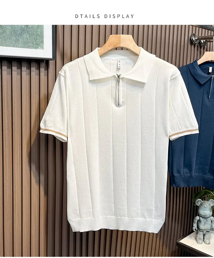 Men's White Kitted Polo Shirt with Zipper Front & Navy Pants — feature 3