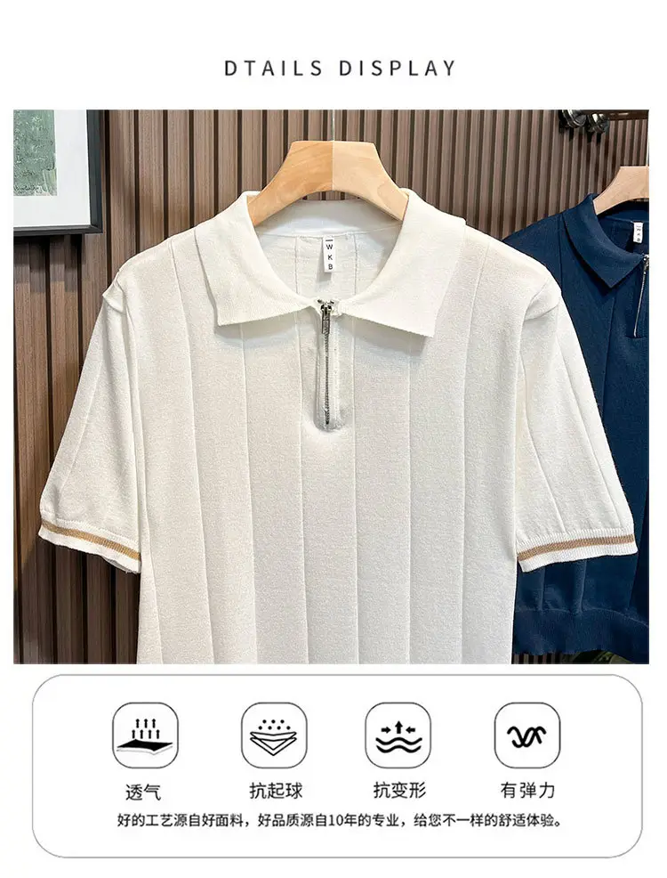 Men's White Kitted Polo Shirt with Zipper Front & Navy Pants — feature 4