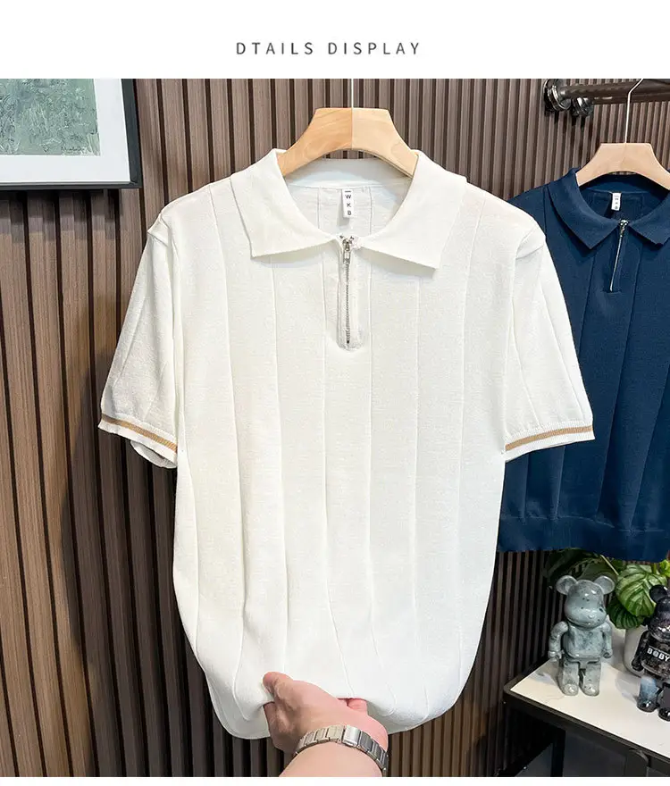 Men's White Kitted Polo Shirt with Zipper Front & Navy Pants — feature 5